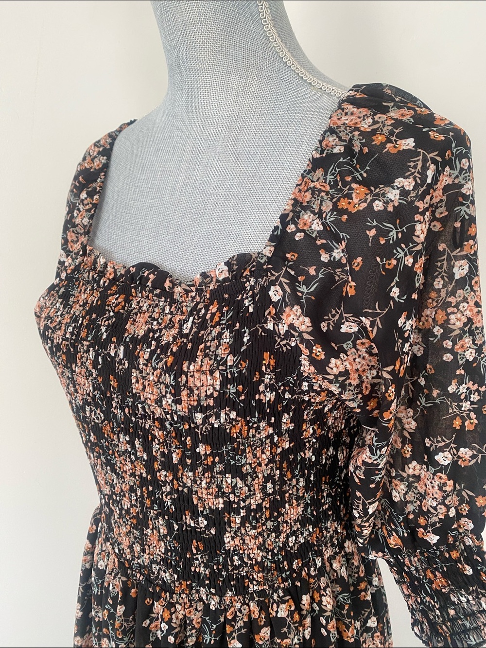 Mikarose Black Babydoll Maxi Dress Peach Floral Print Sz M Smocking Sheer Sleeve - Picture 5 of 13